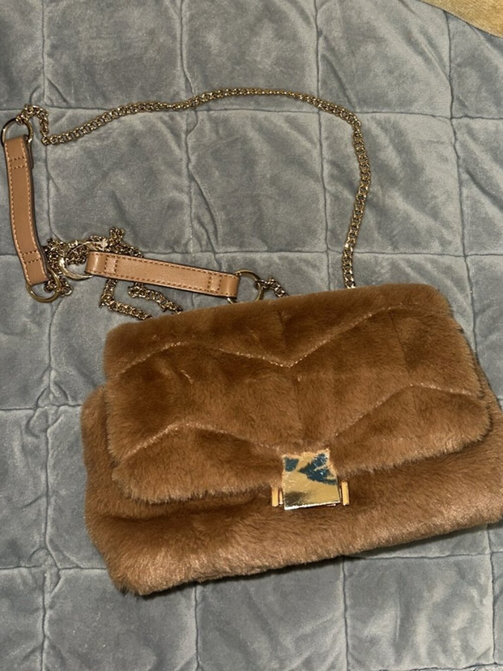 Brand New A New Day Furry Brown Crossbody Shoulder Bag -Convertible Chain Straps